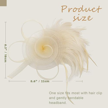 DRESHOW Fascinators Hats for Women Tulle Feather Tea Party Fascinator Hats - color: Beige
