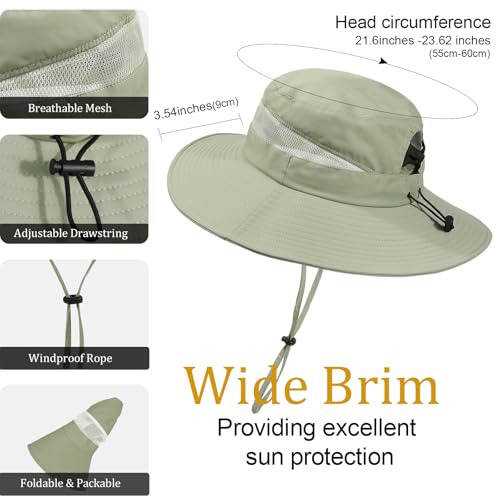 Bucket Sun Hat for Women Wide Brim Breathable Mesh UPF50+ Safari Hat Criss Cross Ponytail Hole Outdoor Rain Hat - color: Pea Green