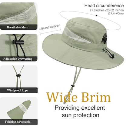 Bucket Sun Hat for Women Wide Brim Breathable Mesh UPF50+ Safari Hat Criss Cross Ponytail Hole Outdoor Rain Hat - color: Pea Green