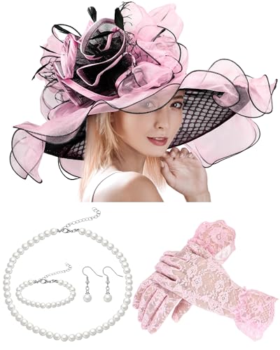 Derby Hat for Women 2026 Wide Brim Organza Sun Church Hat Set Feather Floral Fascinator for Tea Party Wedding Derby - color: Pink