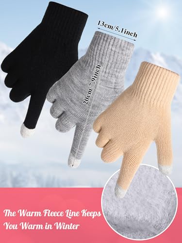JaGely 6 Pcs Women Winter Beanie Hat Gloves Set Warm Knitted Hats and Touchscreen Gloves Lady Cold Winter Gifts for Christmas - color: Khaki, Grey and Black