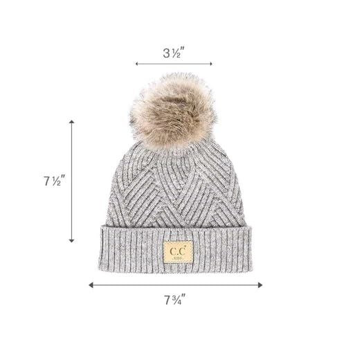 C.C Kids' Suede Patch Snuggly Soft Warm Knit Pom Cuff Beanie - color: Criss Cross Faux Fur, Light Melange Gray Mix