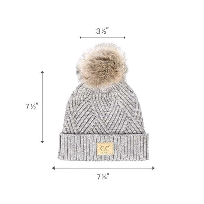 C.C Kids' Suede Patch Snuggly Soft Warm Knit Pom Cuff Beanie - color: Criss Cross Faux Fur, Light Melange Gray Mix