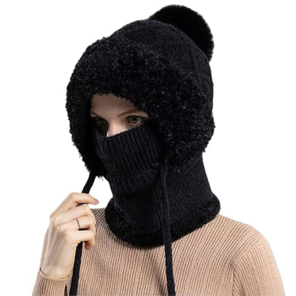Women’s Knitted Beanie Hat with Face Cover - 3 in 1 Winter Balaclava with Mask Scarf Ear Muffs Pompom Fleece Lined Snow Caps - color: Black-b