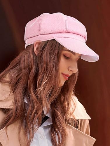 Women’s Newsboy Cap Wool Blend Retro Solid Color Girls Fashion Gatsby Cabbie Visor Beret Hat - color: Pink