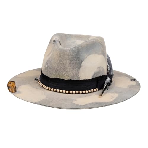RUEDIGER Vintage Wide Brim Fedora Hats 100% Wool Stiff Felt Hat Rancher Hat with Lightning Logo Handmade Distressed/Burned - color: Light Blue, size: 7 1/8