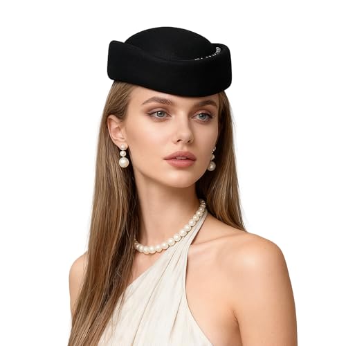 Vintage Wool Felt Pill Box Hat for Women, 1960s Style Formal Fascinator Church Wedding Cocktail Derby Hat - color: Black With Pearl