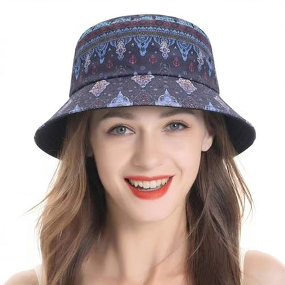 ZLYC Printed Bucket Hat for Women Men Packable Summer Sun Hat for Beach - color: Boho Navy