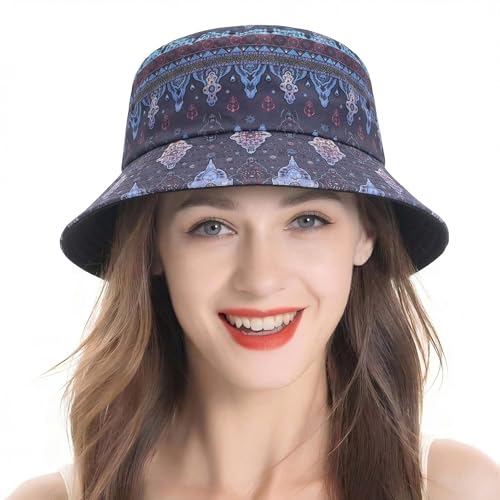 ZLYC Printed Bucket Hat for Women Men Packable Summer Sun Hat for Beach - color: Boho Navy