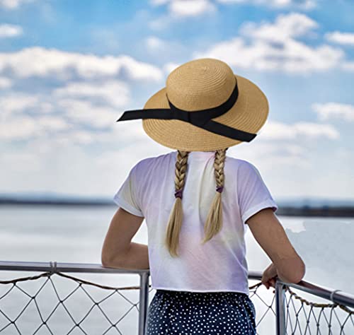 Girls Wide-Brim Straw Sun-Hat for Summer Beach with Bow - color: Khaki(bow-straw Hat), size: 9-17 Years