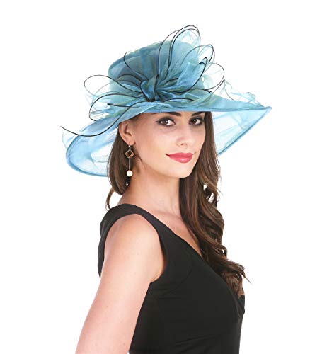 SAFERIN Women's Organza Church Fascinator Bridal Tea Party Wedding Hat - color: New-peacock Blue Bow