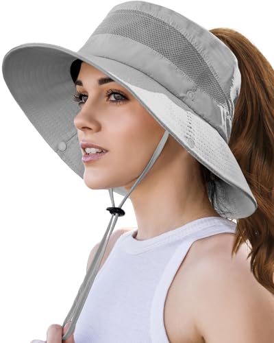 EW EastWater Beach Sun Bucket Hats for Women,UV Protection High Ponytail Hole UPF 50+ Waterproof for Hiking Safari Fishing - color: Light Grey