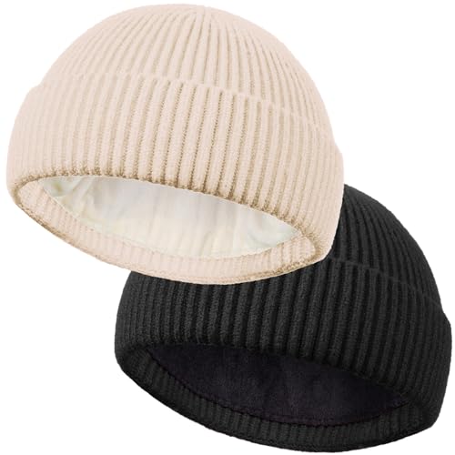 ROYBENS Short Wool Fisherman Beanie for Men Women Knit Fleece Lined Beanies - color: 2pcs-black+beige