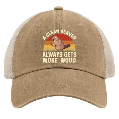 A Clean Beaver Always Gets More Wood Trucker Hats - Women's & Men's Funny Dad Hats - Perfect Birthday Gifts - color: Khaki