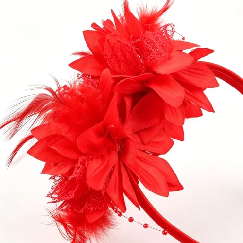 Red Flower Headband, Floral Feather Hairband with Pearl Design Party Headband for Women Wedding Headpiece Fascinator Party Hair Accessories Carnival Hair Hoop - color: Red