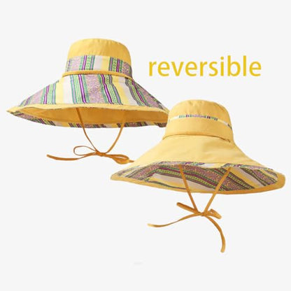 Reversible Wide Brim Sun Hat, Double-Sided Bucket Hat with Chin Strap, Packable UV Protection Beach Hat, Yellow - color: Yellow