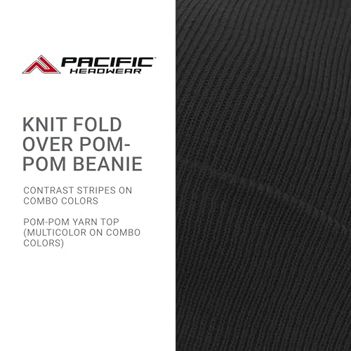 Pacific Headwear Unisex Adult Pacific Headwear Knit Fold Over Pom-pom Beanie - color: Black, size: One Size