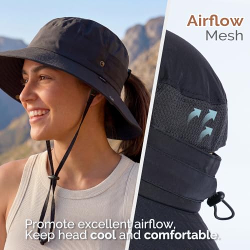 2-in-1 Womens Bucket Sun Hats, Sun Visor Hat, UPF 50+ Wide Brim, Ponytail-Friendly, Packable, Hiking Outdoor - color: Black