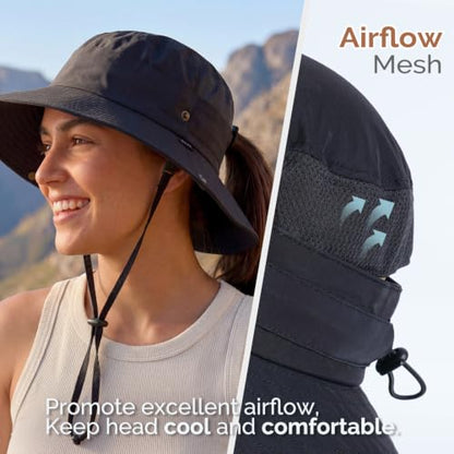 2-in-1 Womens Bucket Sun Hats, Sun Visor Hat, UPF 50+ Wide Brim, Ponytail-Friendly, Packable, Hiking Outdoor - color: Black