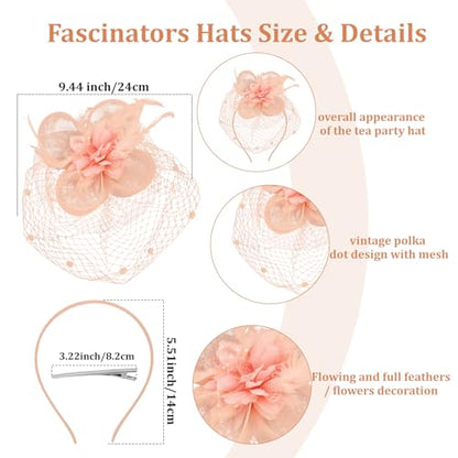 Semato Fascinators Hats for Women Mesh Feathers Elegant Peach Pink Tea Party Kentucky Hat Derby Headband with Hair Clip - color: Peach Pink
