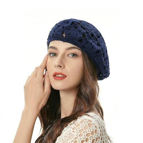 ZLYC Women Cotton Slouchy Crochet Beret Handmade Cutout Floral Beanie Hat - color: Floral Blue