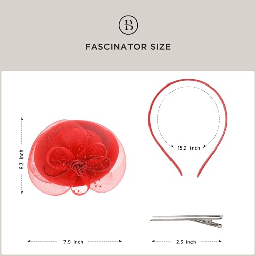 BABEYOND Fascinators Hats for Women Tulle Pillbox Knot Bead Tea Party Hat - color: Red