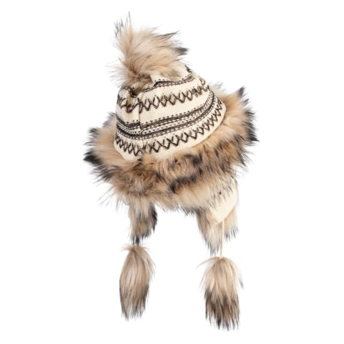 Cross Stitch Knit Fleece Lined Faux Fur Trapper Beanie Hat with String - color: Beige
