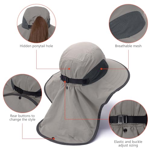 BASSDASH UPF 50+ Unisex Water Resistant Wide Brim Sun Hat with Large Neck Flap Ponytail Fishing Hat for Men Women - color: Light Grey/Dark Grey