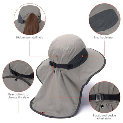 BASSDASH UPF 50+ Unisex Water Resistant Wide Brim Sun Hat with Large Neck Flap Ponytail Fishing Hat for Men Women - color: Light Grey/Dark Grey