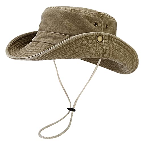 Unisex Cotton Boonie Hat Summer Fishing Bucket Hat Sun Hat with String - color: Retro Khaki