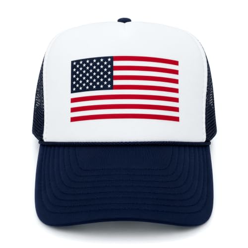 American Flag Patriotic USA Classic 5 Panel Mesh Snap Back Trucker Hat - color: Navy - Flag