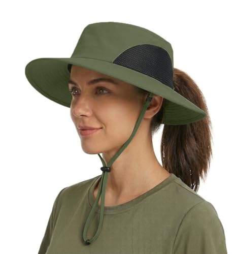Tirrinia Sun Hats for Women, Wide Brim Hat with Ponytail Hole - color: #Green-23.7'' Head