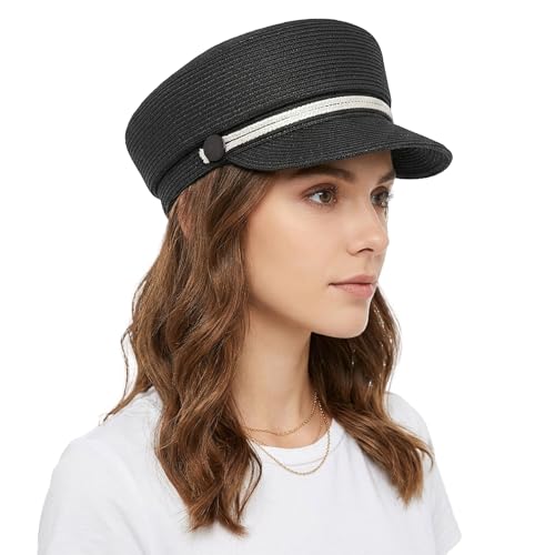 Women's Polyester Straw Newsboy Cap, Gatsby Ivy Style Visor Beach Hat, Adjustable - color: Black