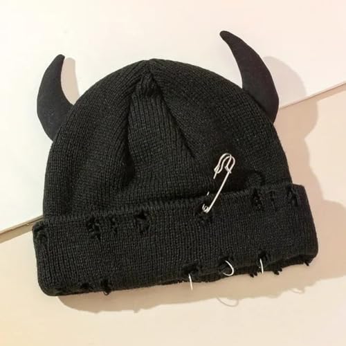 Distressed Ring Beanie Hat for Women Men Slouchy Skull Cap - color: Horns Black