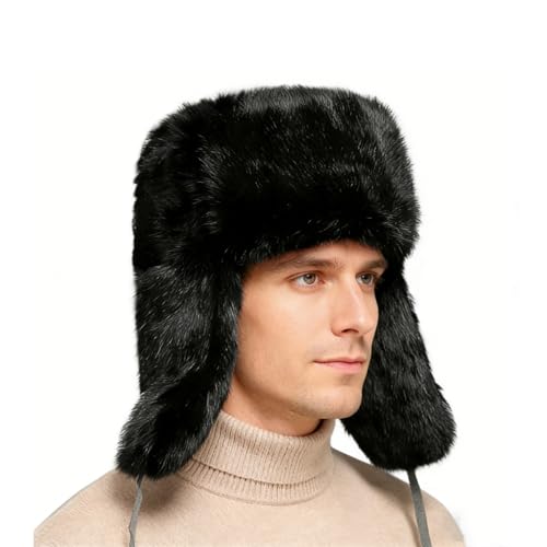 SIQITECHNO Men Winter Trapper Russian Trooper Hat Faux Fur Ushanka Eskimo Earflap Pilot Hat Furry Windproof Hunting Ski Cap - color: Black