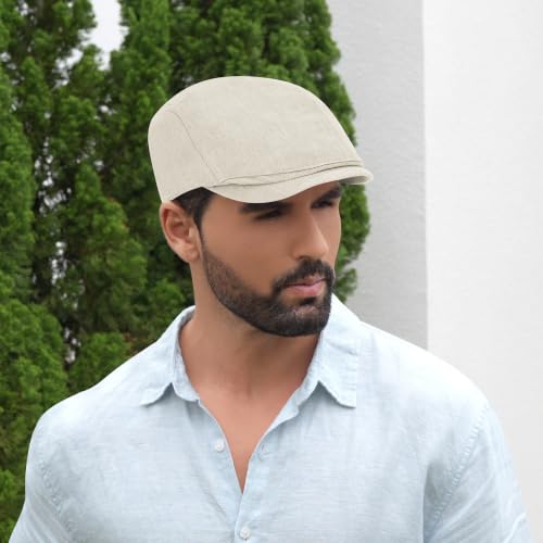 Flat Cap for Men Newsboy Caps Linen Mens Hats Golf Hat Irish Ivy Gatsby Cabbie Driving - color: Light Khaki, size: Large