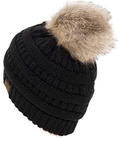 C.C Trendy Fuzzy Fleece Lined Warm Comfortable Soft Stretch Cable Knit Ribbed Faux Fur Pom Pom Beanie Hat - color: Black