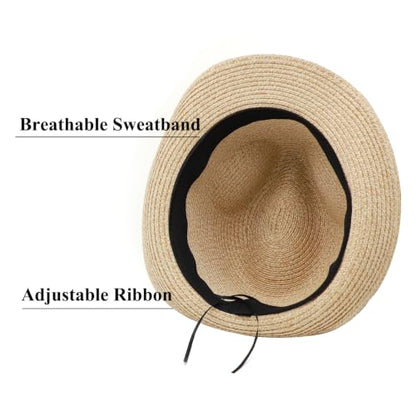 Straw Fedora Hat Panama Hats Mens Beach Hat Derby Hat Packable Trilby - color: Natural-wooden Bead, size: Large