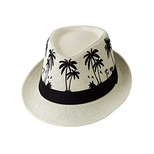 ECYC Ltd Panama Straw Hats Short Brim Fedora Straw Hat Trilby Hat Palm Tree Print Summer Beach Sun Hat Cap for Men Women - color: Beige