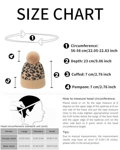 Unisex Adult Fuzzy Leopard Print Hat Cuffed Knitted Winter Warm Beanie with Faux Fur Pompom - color: Black