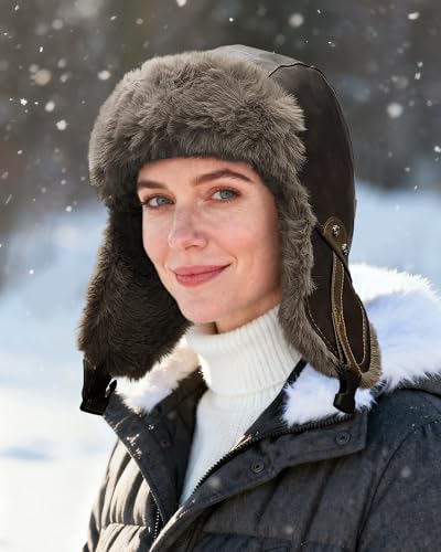 Croogo Eskimo Hat Russian Ushanka Trooper Hat Leather Trapper Aviator Hats Fur Lined Earflap Winter Cap Snow Ski Hats - color: Pl2508-brown