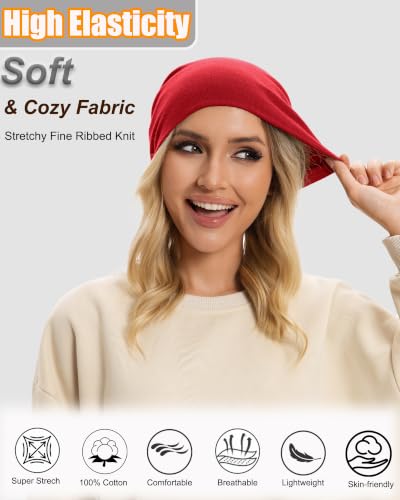 ROYBENS Thin 100% Cotton Beanie for Men Women Lightweight Slouchy Chemo Hat - color: 1pcs-red