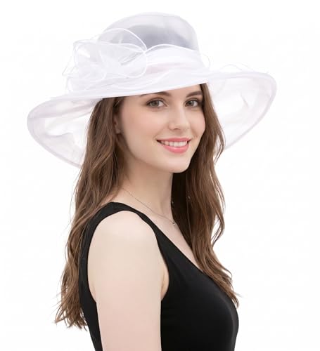 Derby Hats for Women 2026 Women's Elegant Organza Kentucky Fascinator for Church, Tea Party, Weddings Hats - color: Hat2-white