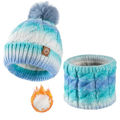 Womens Winter Beanie Hat Scarf Set,Thermal Fleece Lined Women Beanie with Pom Warm Knitted Neck Scarf Cold Weather