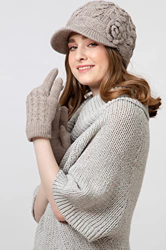 Womens Winter Elegant Cable Flower Knitted Newsboy Cabbie Cap Beret Beanie Hat with Visor, Warm Plush Fleece Lined - color: Dk. Beige Cable Flower-hat Gloves Set