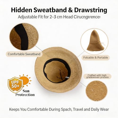 Straw Bucket Hats for Women Beach Sun Hat Foldable Packable Handmade Sun Protection Floppy Travel - color: Khaki-brim3.9"