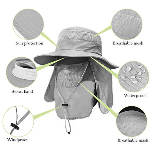 2 Pieces Men's Wide Brim Fishing Hat Outdoor UPF 50+ Sun Protection Removable Face and Neck Flap - color: Dark Grey & Light Grey
