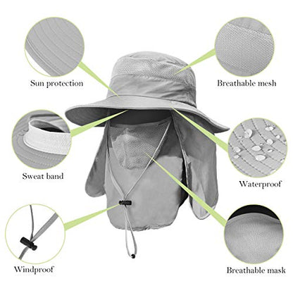 2 Pieces Men's Wide Brim Fishing Hat Outdoor UPF 50+ Sun Protection Removable Face and Neck Flap - color: Dark Grey & Light Grey