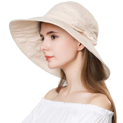 Comhats Packable Summer Cotton Sun Hat Bucket for Women UV Protection Wide Brim Beach Gardening Travel 54-64CM - color: Beige, size: Large