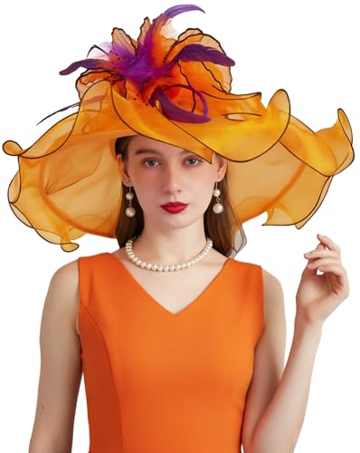 ORIDOOR Women Hats Headband Hairpin Organza Fascinator Church Hat Floral Tea Party Wedding Hat - color: 006 Orange and Purple